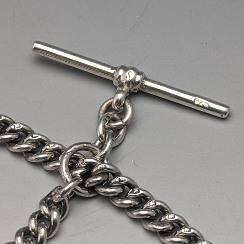 Circa 1910 British Antique Sterling Silver Double Albert Chain 37g Sterling Silver & Amber Fob